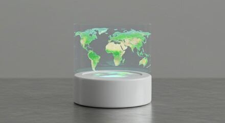 Holographic projection of green world map on stand