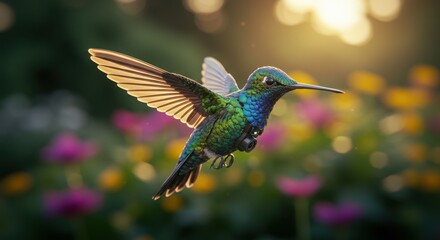 Hummingbird attach camera in flight with colorful flower background