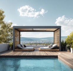 Fototapeta premium Rooftop patio with pergola, sunbeds, and pool