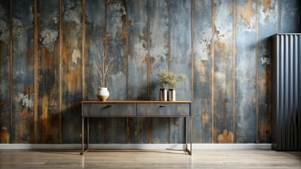 Modern console table with rustic wall decor and minimalist plants
