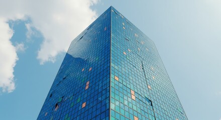 Modern blue glass skyscraper against sky