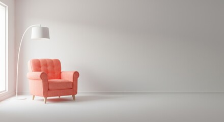 Modern coral armchair and lamp in a room with empty wall