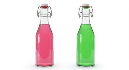 Pink and green soda bottles isolated on white background