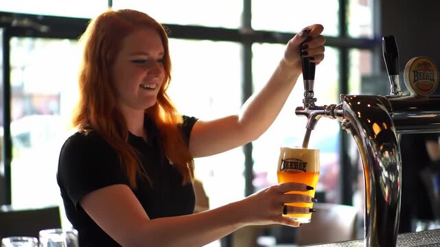 young female caucasian bartender pouring draft beverage from crane into glass, with foam. craft and skill involved in serving on international beer day. food and drink, service industry, lifestyle - Powered by Adobe