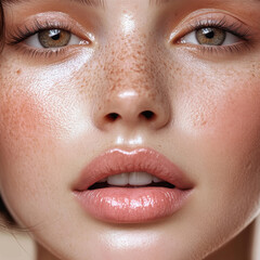 Naklejka premium Radiant Beauty Portrait with Freckles and Glossy Lips