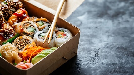 A close-up of an open takeaway box filled with a variety of food items, with chopsticks resting on the edge.