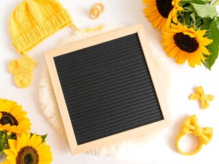 Gender-neutral baby announcement flat lay with a blank letter board mockup for custom text, surrounded by yellow newborn accessories and sunflowers.