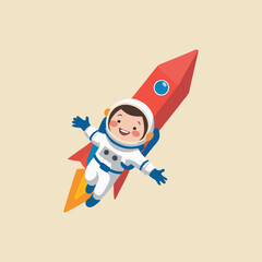 A cute astronaut holding onto a pencil rocket with colorful flames, flying through a galaxy filled with vibrant planets and swirling galaxies.