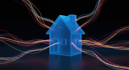 smart home concept with glowing data streams and energy flows on a black background