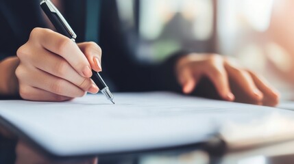Hand Signing Mortgage Papers in Bright Living Room Setting