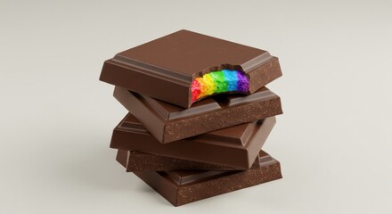 Stack of chocolate with a surprise bite revealing a rainbow filling, symbolizing Pride and diversity