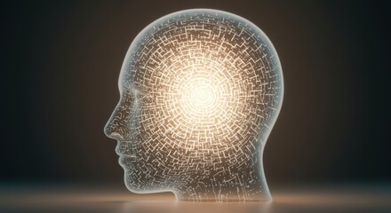 Futuristic digital head with a glowing brain, symbolizing consciousness, artificial intelligence, and ideas