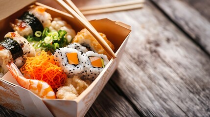 A close-up of an open takeaway box filled with a variety of food items, with chopsticks resting on the edge.
