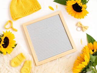 Pregnancy announcement flat lay with a blank letter board mockup surrounded by sunflowers and yellow newborn baby accessories.