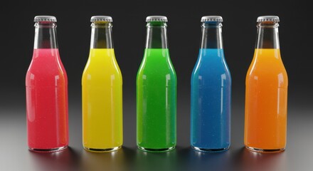 Assortment of colorful soft drinks in glass bottles on a dark background