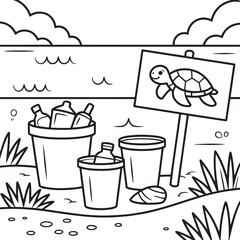 Turtle sign and trash cans by the water bottles