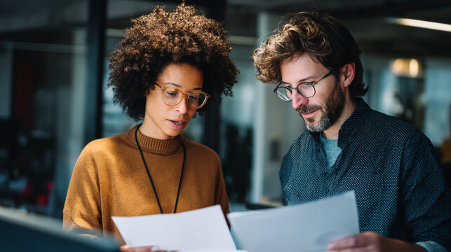 Two colleagues reviewing documents together in an office setting with natural light and modern decor
