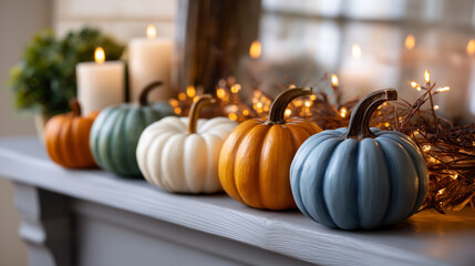 Colorful pumpkins arranged on a mantel for festive decor