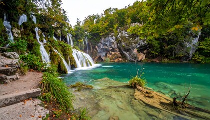 Obraz premium Tranquil waterfalls cascade into a crystal-clear turquoise lake, surrounded by lush greenery and stone cliffs. A well-trodden path leads down to the water's edge.