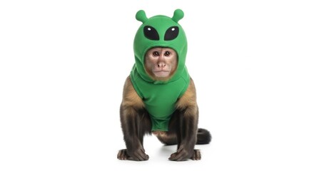 monkey dressed in a green alien costume, Funny Martian Halloween costume, white background

