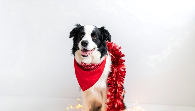 A charming border collie, adorned with a festive red bandana and Christmas garland, sits patiently against a plain backdrop.