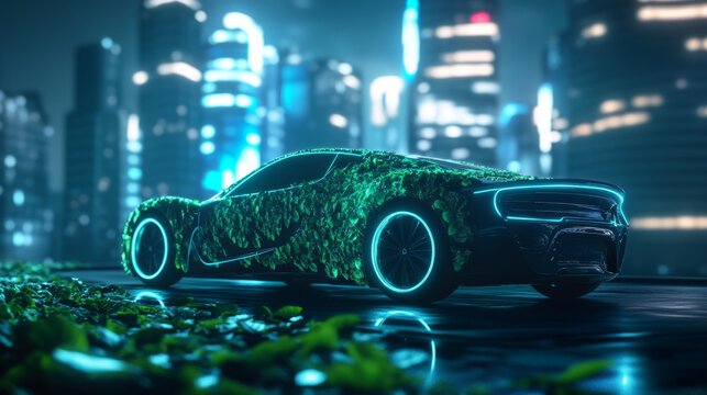 Futuristic Eco Car with Glowing Green Leaves in Cyberpunk City