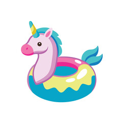 Vector of unicorn-shaped pool float with blue mane and yellow horn, ideal for summer themes, pool accessories, and kids’ decor