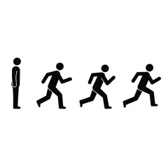 Four simple black stick figures illustrating a person starting to run, shown in a sequence against a white background; minimalist graphic design.
