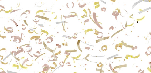 Abstract image of gold and pink confetti falling on white background. Perfect for celebrations, parties, and festive designs.