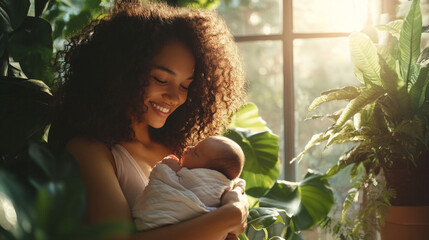 Mother Holding Newborn in Sunlit Room