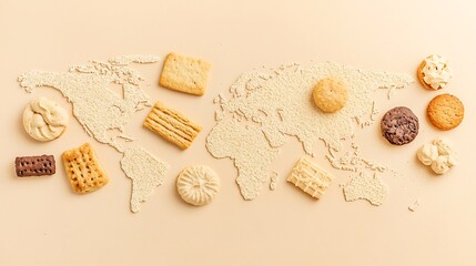 Assortment of cookies arranged on a world map outline