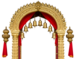 Mataji temple entrance archway with golden bells, diya lamps glowing on both sides