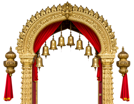 Mataji temple entrance archway with golden bells, diya lamps glowing on both sides