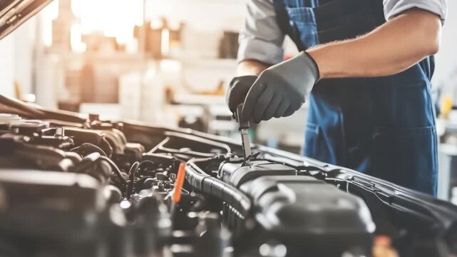 Mechanic Performing Routine Maintenance on Modern Car Engine in Workshop Environment 4k video footage