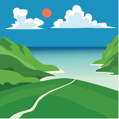  seashore with mountains on sky background  and sun.