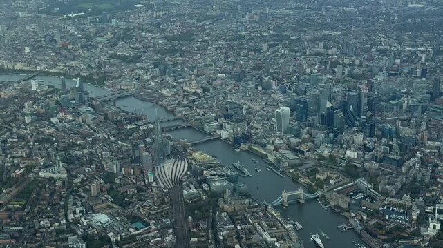 An aerial video of downtown London England on a summer morning.