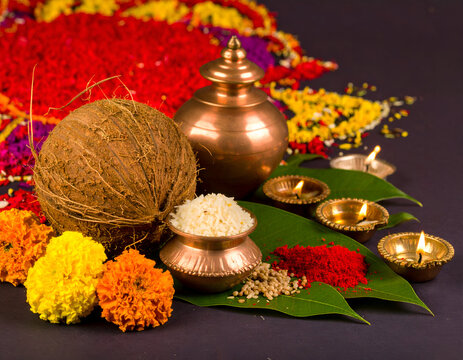 Navratri Kalash &ndash; Copper kalash with coconut, mango leaves, and red chunri.