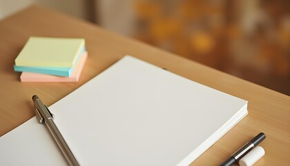 Minimalist stationery background displaying a wooden table with a single mechanical pencil, a small stack of pastel-colored sticky notes, and a white eraser, photographed in a cozy, warm-toned setting