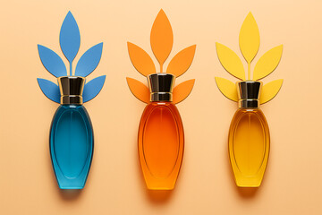 Colorful Perfume Bottles with Paper Leaves on a Beige Background