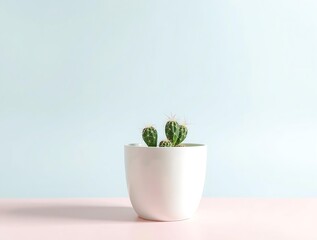 Obraz premium Minimal cactus plant in white ceramic pot isolated on clean pastel background, representing modern lifestyle, home decor, simplicity, eco-friendly living, natural greenery, and stylish interior design
