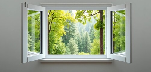 Obraz premium Opened white PVC window, lush green forest view, foliage, environment