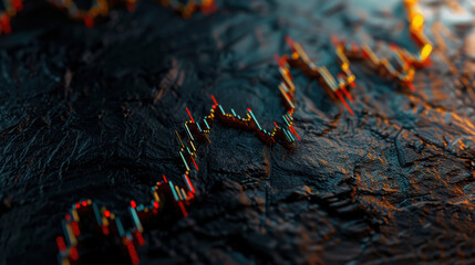 Close up view of financial chart with colorful candlestick patterns textured dark background, representing market trends and data analysis. vibrant colors evoke sense of dynamic movement