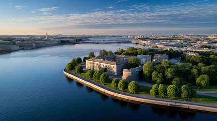 Naklejka premium Aerial View of a Scenic Fortress by the River at Dusk