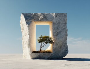 Abstract stone structure in a desert landscape, showcasing a small tree within a framed opening