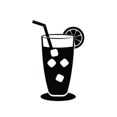 Vector icon of a glass of lemonade with ice and a lemon slice isolated on white background.