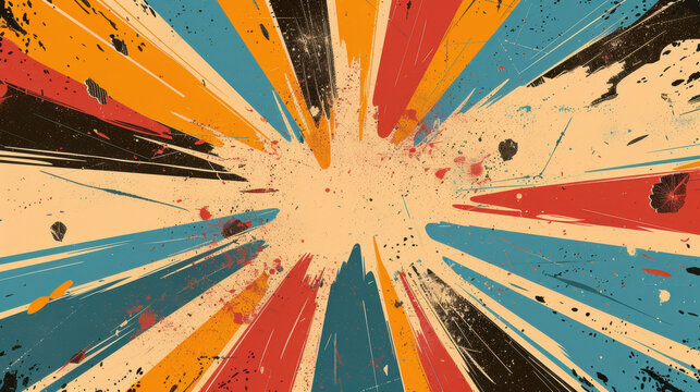 Vibrant explosion of colors with dynamic streaks radiating outward, creating energetic and artistic visual effect. bold hues of orange, blue, and red contrast against light background