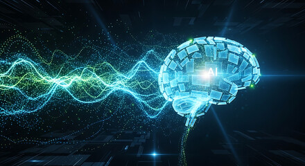 Abstract visualization of an artificial intelligence brain with glowing digital networks and data streams.