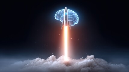 A rocket launches from a cloud, powered by a glowing brain, symbolizing innovation, intellect, and the power of ideas.