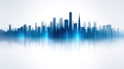 A futuristic city skyline silhouette with tall buildings, illuminated by blue lights against a soft white background.