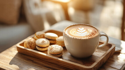 Latte Art and Macarons on Wooden Tray in Warm Café Setting